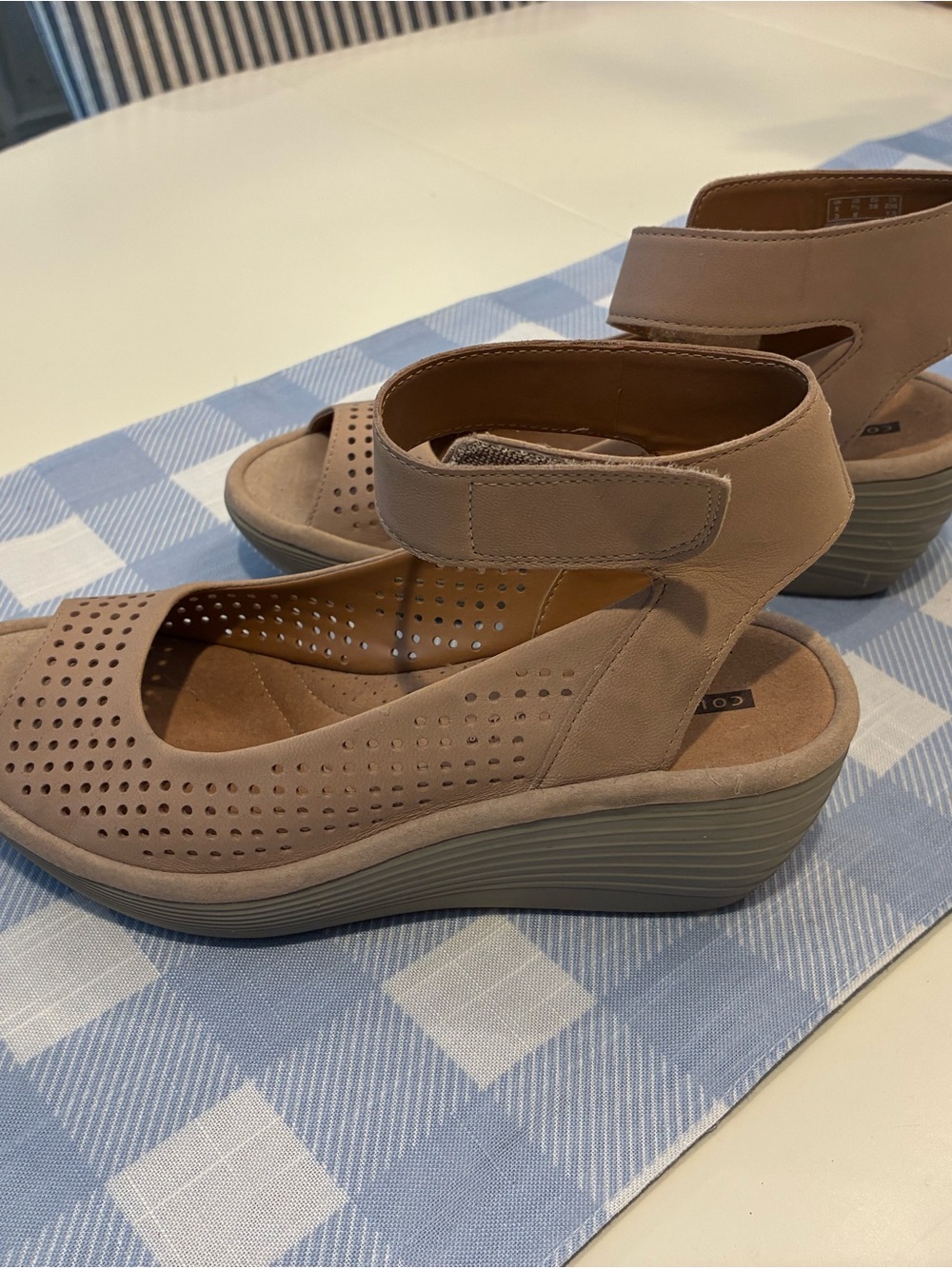 Clarks Taupe Perforated Ankle-Strap Wedge Sandal